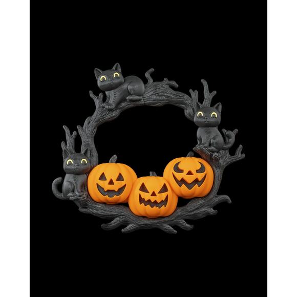 Black Cat & Pumpkin Halloween Wreath – Décor, 7.9″ Wide Spooky Cuteness Fall - Picture 1 of 4